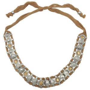 Brown Thread Rhinestone Pull Tie Western Necklace